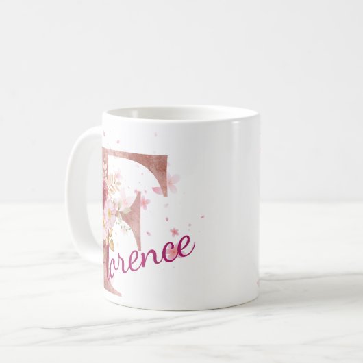 Personalized Floral Initial Mug – Letter F (Devant gauche)