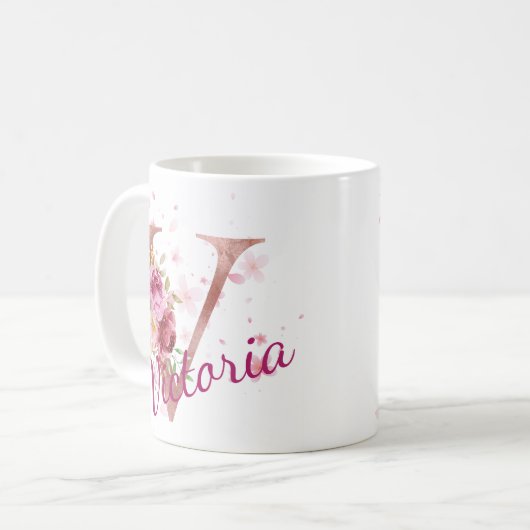 Personalized Floral Initial Mug – Letter V (Devant gauche)