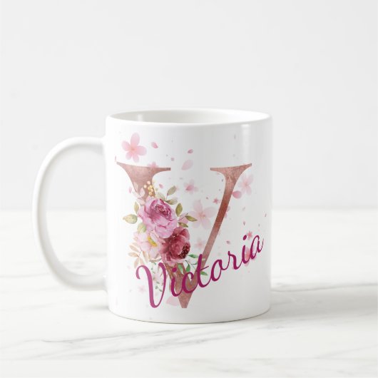 Personalized Floral Initial Mug – Letter V (Gauche)