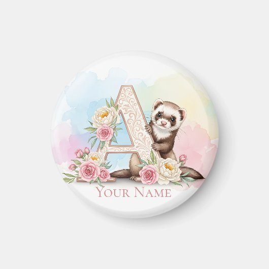 Personalized Floral Monogram 'A' with Cute Ferret  Magneet (Voorkant)