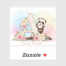 Personalized Floral Monogram 'A' with Cute Ferret  Sticker