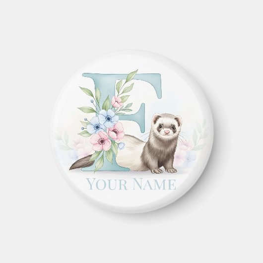 Personalized Floral Monogram 'F' with Cute Ferret  Magneet (Voorkant)