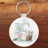 Personalized Floral Monogram 'F' with Cute Ferret  Sleutelhanger (Voorkant)