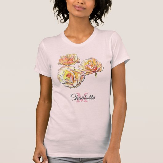 Personalized Floral Monogram Hand Drawn Roses Art T-shirt (Voorkant)