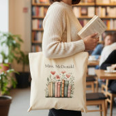 Personalized Floral Stacked Books Teacher Tote Bag