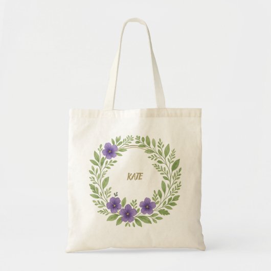 Personalized Floral Wreath Tote Bag – Custom Name (Voorkant)