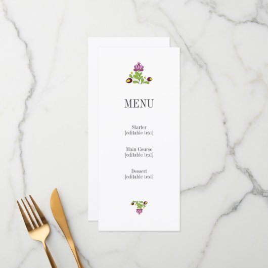 Personalized Folk Floral Wedding Menu Card (Voorkant / Achterkant in situ)