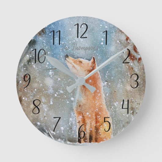 Personalized Fox Winter Scene Round Clock Ronde Klok (Voorkant)