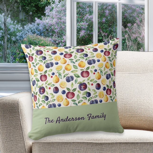 Personalized Fruits and Leaves Pattern Kussen (A stylish throw pillow with custom family name, with fruits and leaves pattern)