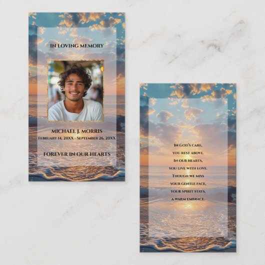 Personalized Funeral Prayer Card – Sunset Design Visitekaartje (Voorkant / Achterkant)