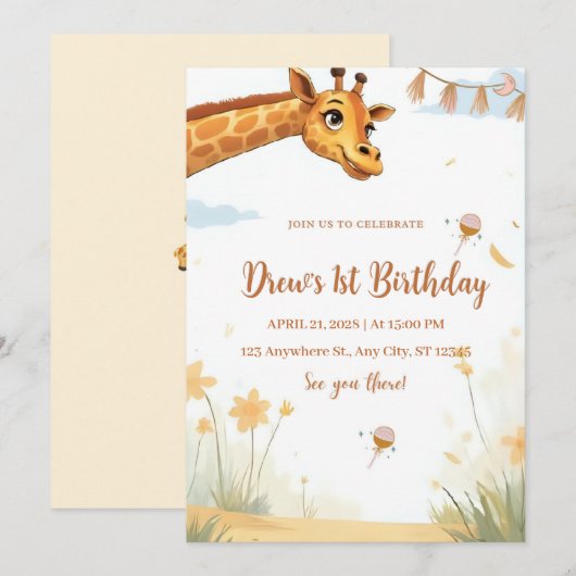 Personalized Giraffe Safari Birthday Invitation (Devant / Derrière)