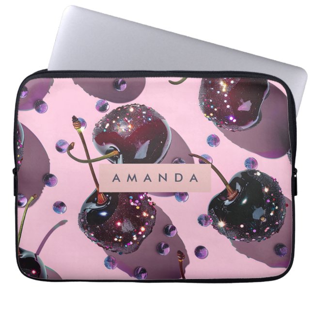 Personalized Glam Sparkle Cherry Design Laptop Sleeve (Voorkant)