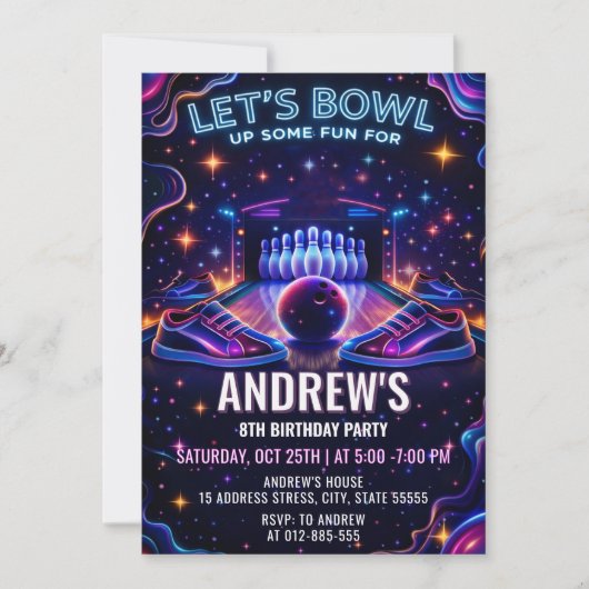 Personalized Glow bowling birthday invitation (Devant)