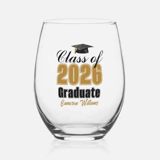 Personalized Gold Black Class of 2026 Graduation Wijnglas Zonder Voet (Voorkant)