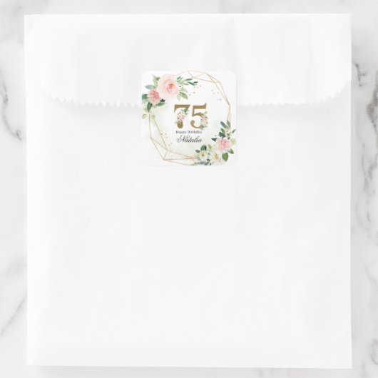 Personalized Gold & Floral 75th Custom Vierkante Sticker (Tas)