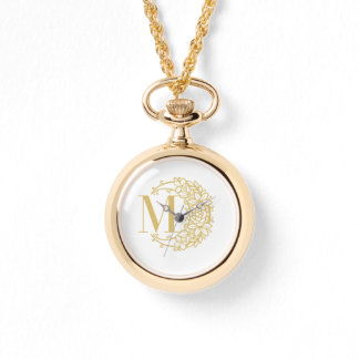 Personalized Gold Pocket Watch with Initial M  Horloge