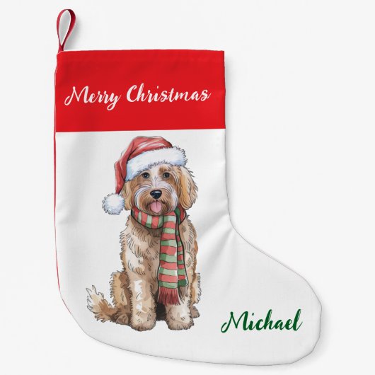 Personalized Goldendoodle Dog in Santa Hat  Kleine Kerstsok (Voorkant)