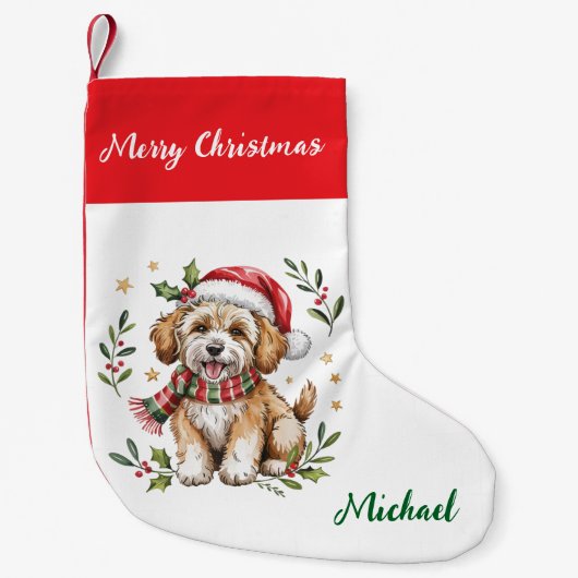 Personalized Goldendoodle Dog in Santa Hat Kleine Kerstsok (Voorkant)
