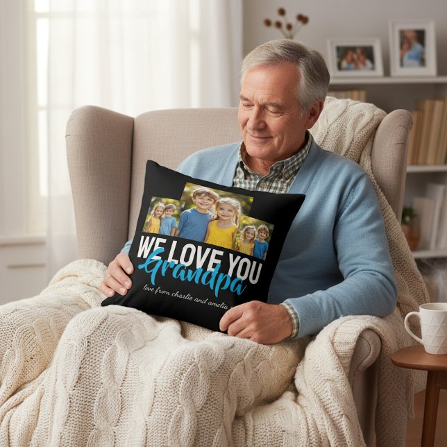 Personalized Grandpa Photo Gift Blue Text Design Kussen (Creator heeft geüpload)
