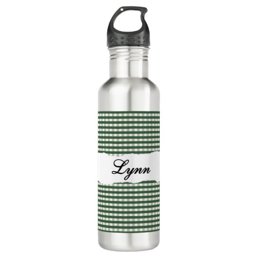 Personalized Green Gingham Pattern & Custom Name Waterfles (Voorkant)