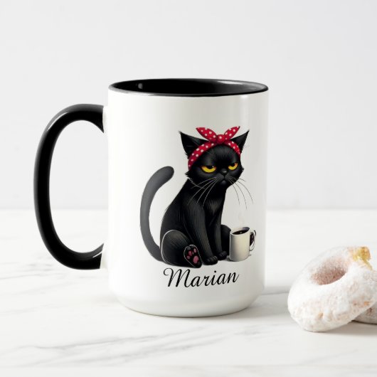 Personalized Grumpy Black Cat Coffee Mug Mok (Met donut)