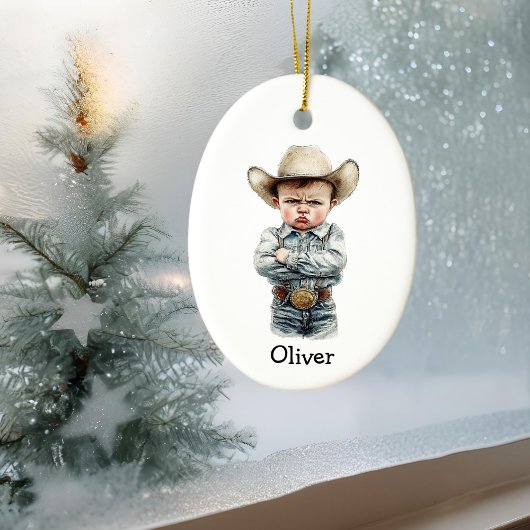 Personalized Grumpy Cowboy in Denim Outfit Keramisch Ornament