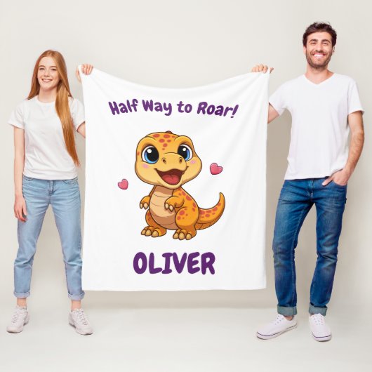 Personalized Halfway to One Dinosaur 6 Month Fleece Deken (In situ)