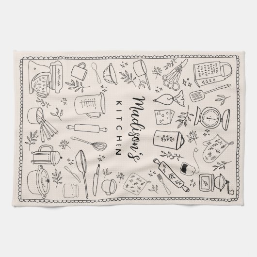 Personalized Hand Drawn Kitchen Cooking Utensils  Theedoek (Horizontaal)