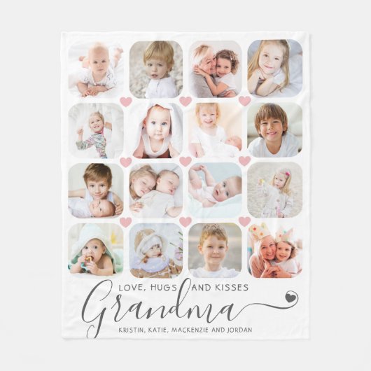 Personalized Handwritten Grandma 16 Foto Hearts Fleece Deken (Voorkant)