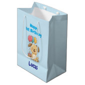 Personalized Happy 1st Birthday Gift Wrap, Puppy,  Medium Cadeauzakje (Voorkant Gekanteld)