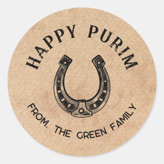 Personalized Happy Purim Round Sticker - Horseshoe (Voorkant)