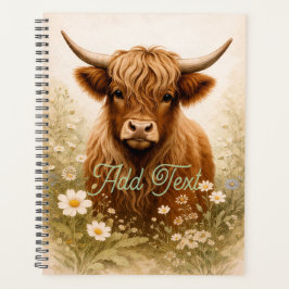 Personalized Highland Cow Elegant White Floral  Planner