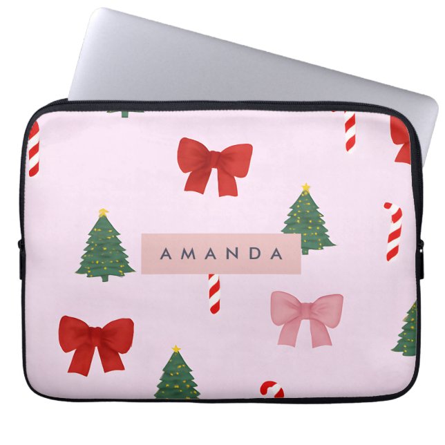 Personalized Holiday Tree & Candy Cane Pattern Laptop Sleeve (Voorkant)