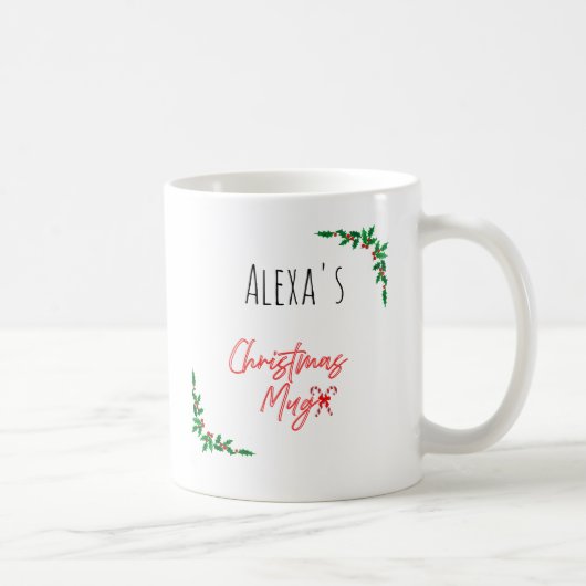 Personalized Holly Berry Candy Cane Name Christmas Koffiemok (Rechts)