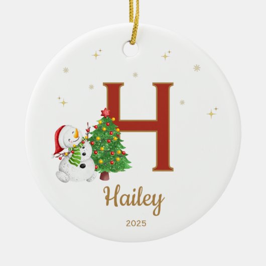 Personalized Initial Letter Custom Name Snowman Keramisch Ornament (Voorkant)
