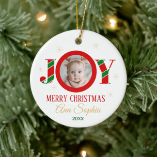 Personalized Joy Christmas Photo Keramisch Ornament