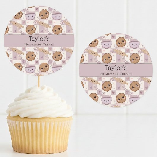 Personalized Kawaii Cookie Gingham Cupcake Topper  Ronde Sticker
