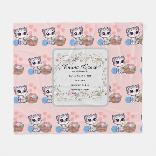 Personalized Kitten Baby Blanket | Custom Birth Fleece Deken (Voorkant (Horizontaal))