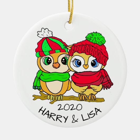 Personalized Lovebirds Owls Christmas Keramisch Ornament (Voorkant)