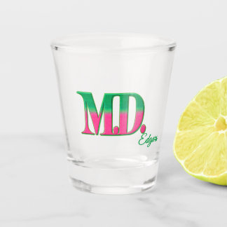 Personalized 'M.D.' Pink and Green Shot Glass Glas