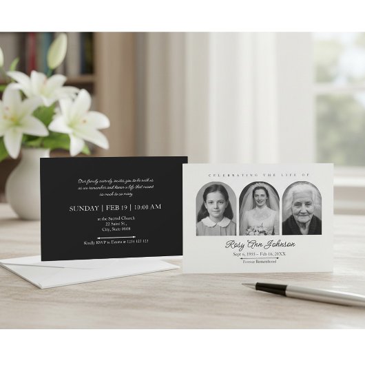 Personalized Memorial Invitation with 3 Photos Kaart