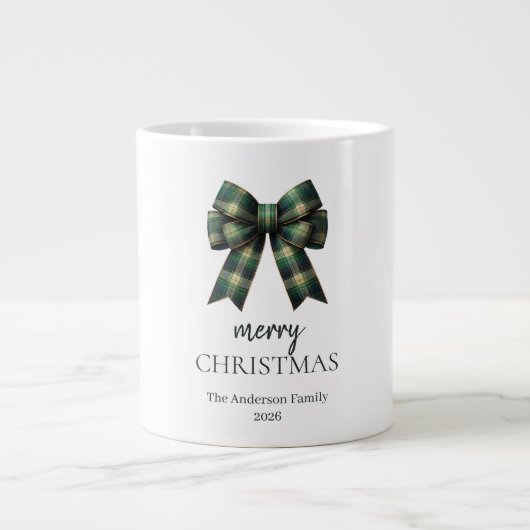 Personalized Merry Christmas | Green Plaid Bow Extra Grote Beker (Voorkant)