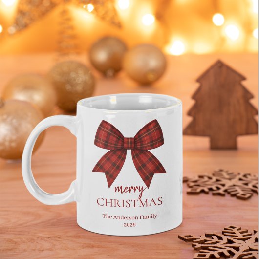 Personalized Merry Christmas | Red Plaid Bow Extra Grote Beker