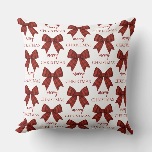 Personalized Merry Christmas | Red Plaid Bow Kussen (Voorkant)