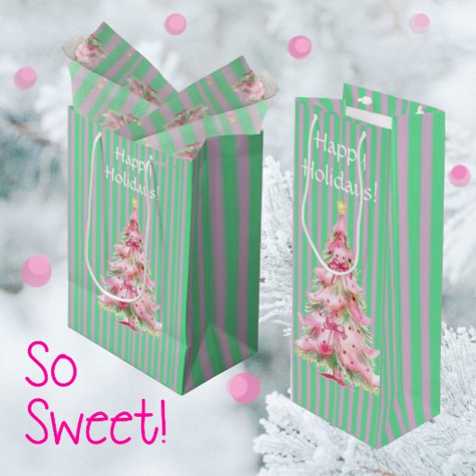 Personalized Mint Green Pink Stripe Christmas Tree Wijn Cadeautas