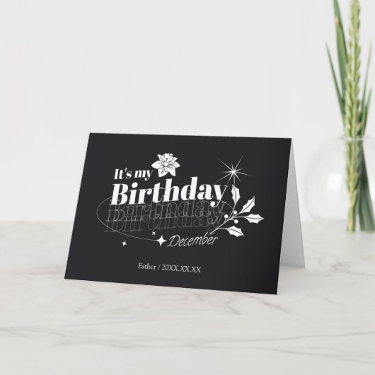 Personalized Modern Black Floral December Birthday Feestdagen Kaart (Voorkant)