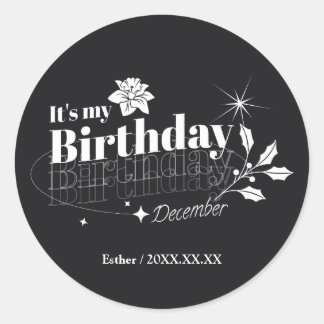 Personalized Modern Black Floral December Birthday Ronde Sticker