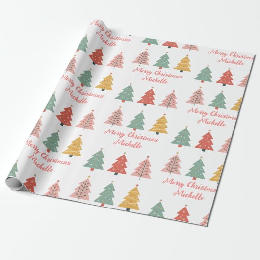 Personalized Modern Christmas Pink Pine Tree Cadeaupapier (Uitgerold)