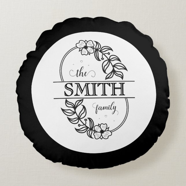  Personalized Modern Floral Family Name Monogram Rond Kussen (Voorkant)