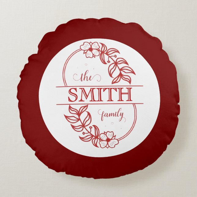  Personalized Modern Floral Family Name Monogram Rond Kussen (Voorkant)